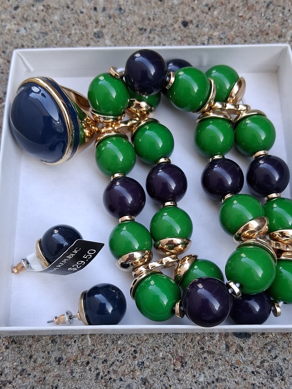 Gold-Tone Green and Deep Blue Bead Bracelet and Earring Set